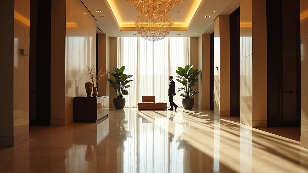 Eye-level view of a luxury hotel lobby with modern design