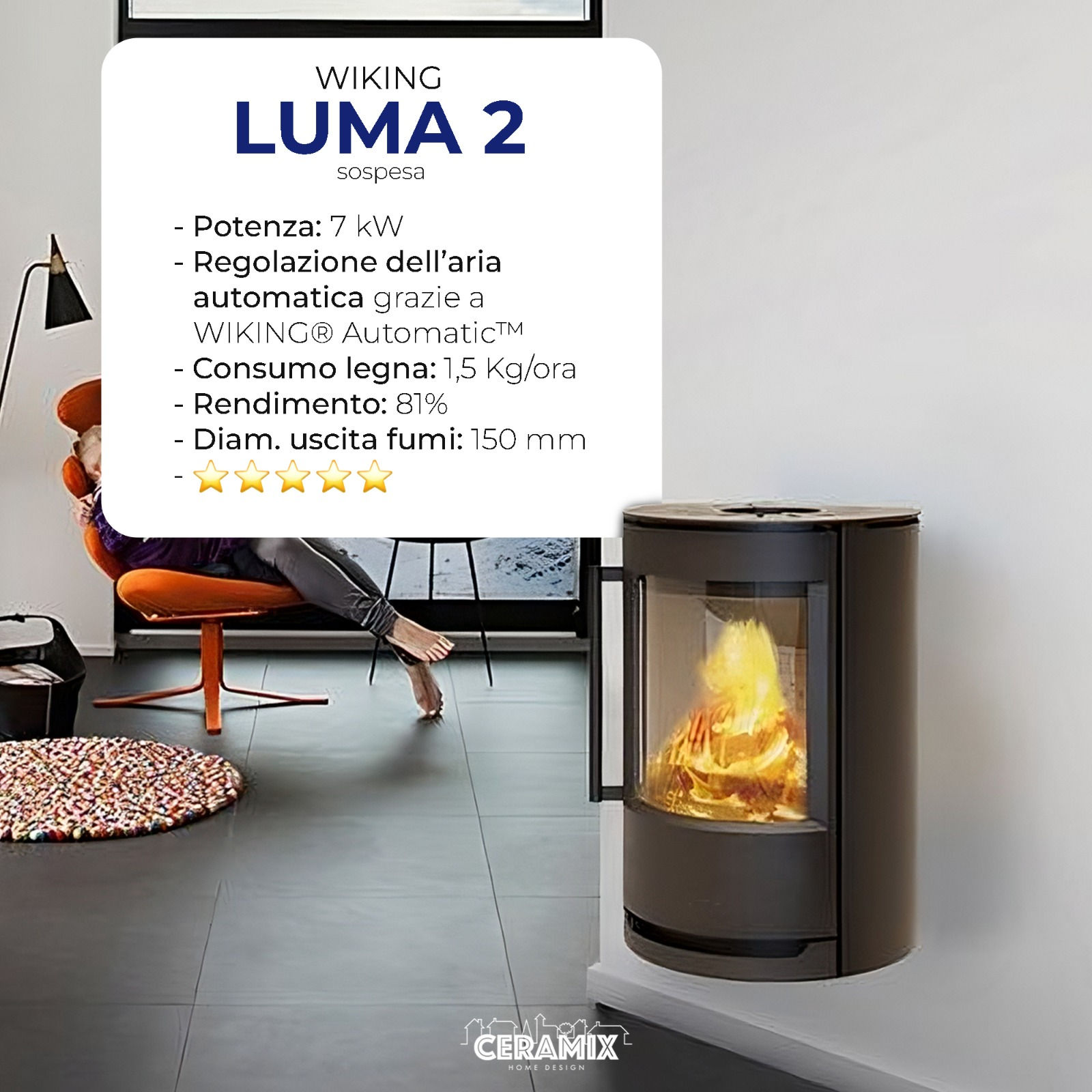Stufa a legna LUMA 2 sospesa convettiva Hwam danese 5 STELLE DETRAZIONE FISCALE