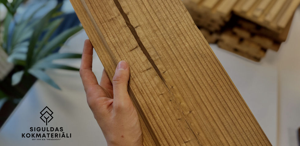 Grādīgā dizaina termokoka fasādes dēlis tuvplānā / Thermowood stepped design facade board close-up