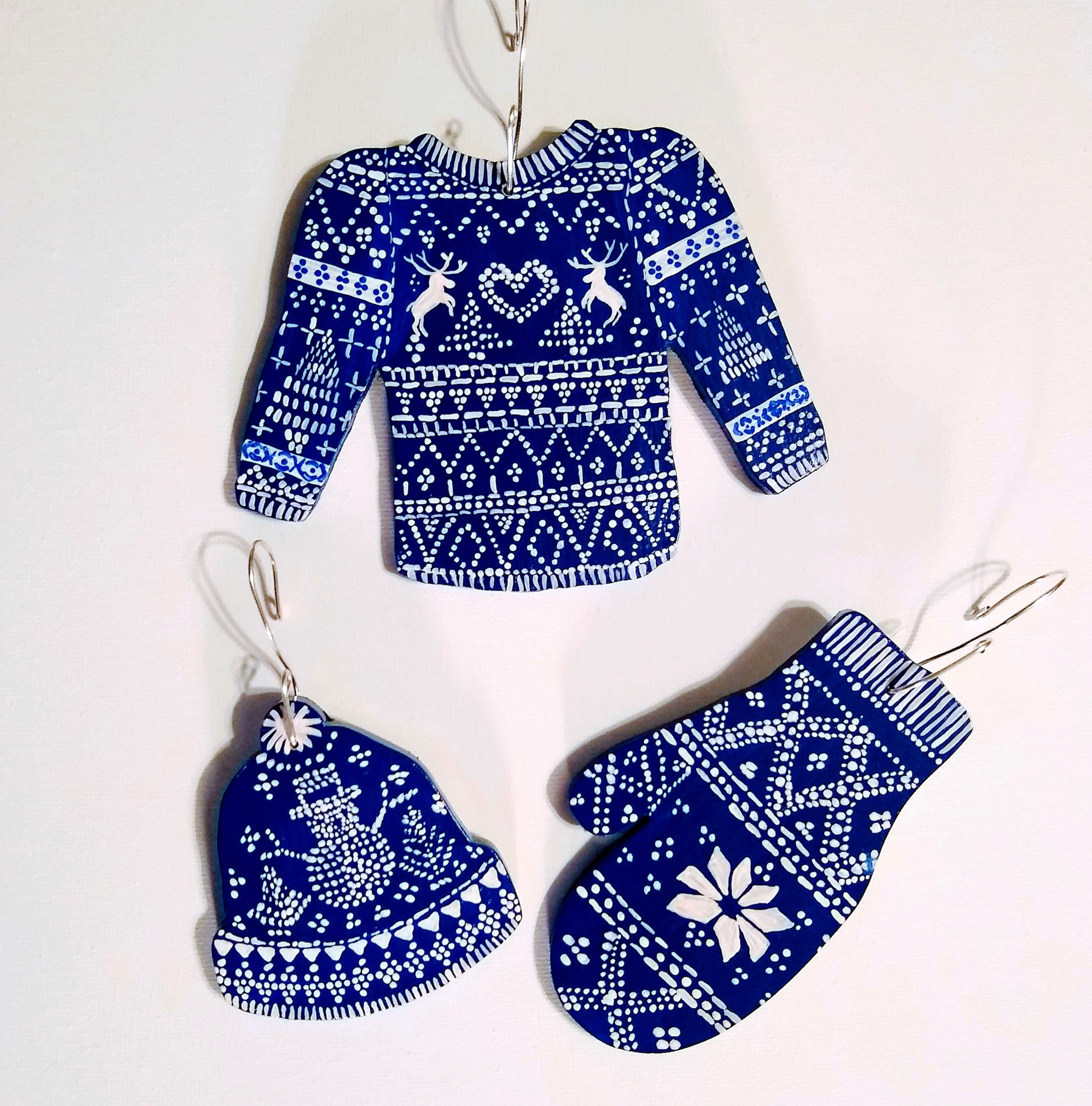 Blue and White Alpine Sweater Set Ornaments Hand Painted Wood