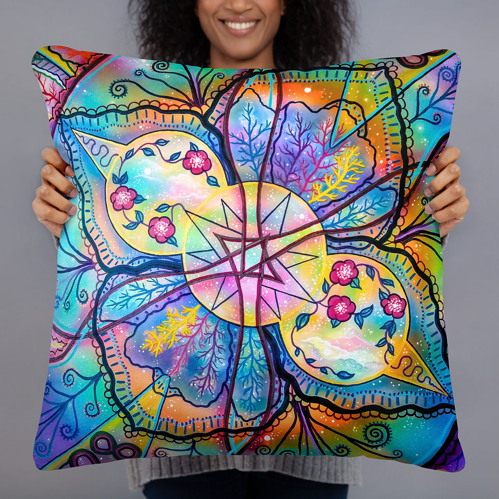 Thumbnail: Starflower Fusion designer pillow, metaphysical theme, symbolic fusion birth of a star, colorful galaxy.
