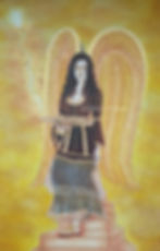 Brown haired Archangel Muriel holding a book and singing, golden wings, brown dress, gold details. golden stairway .