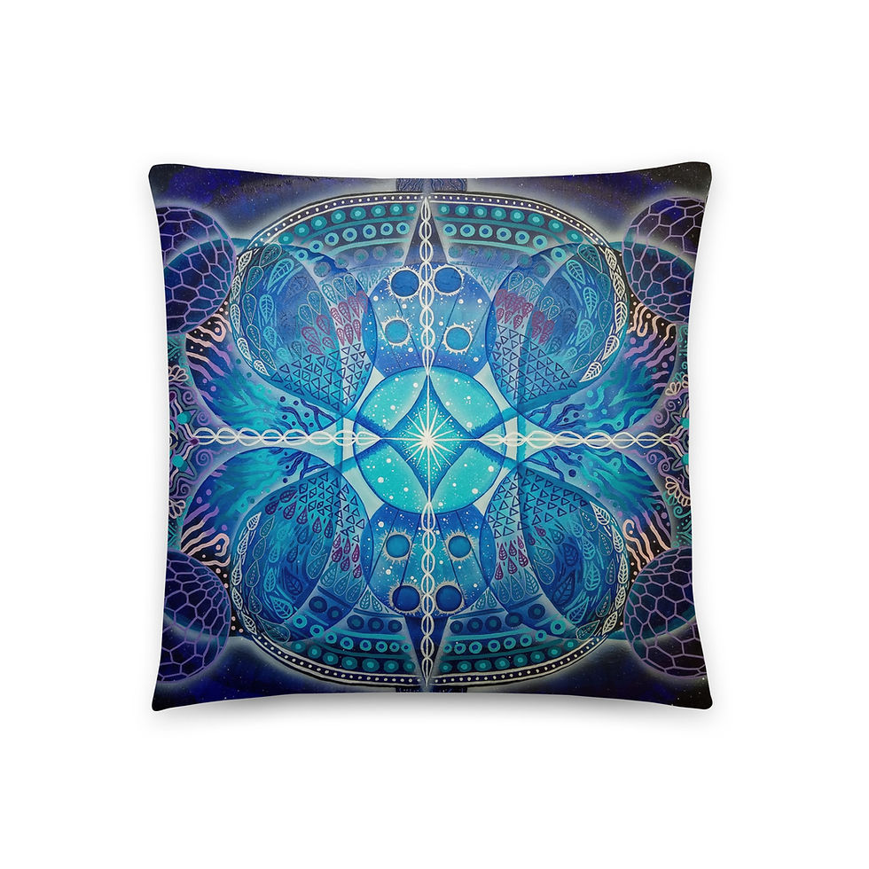 Soul Connection designer pillow, metaphysical design, blue, white, silver, lavender. It represents soul family.