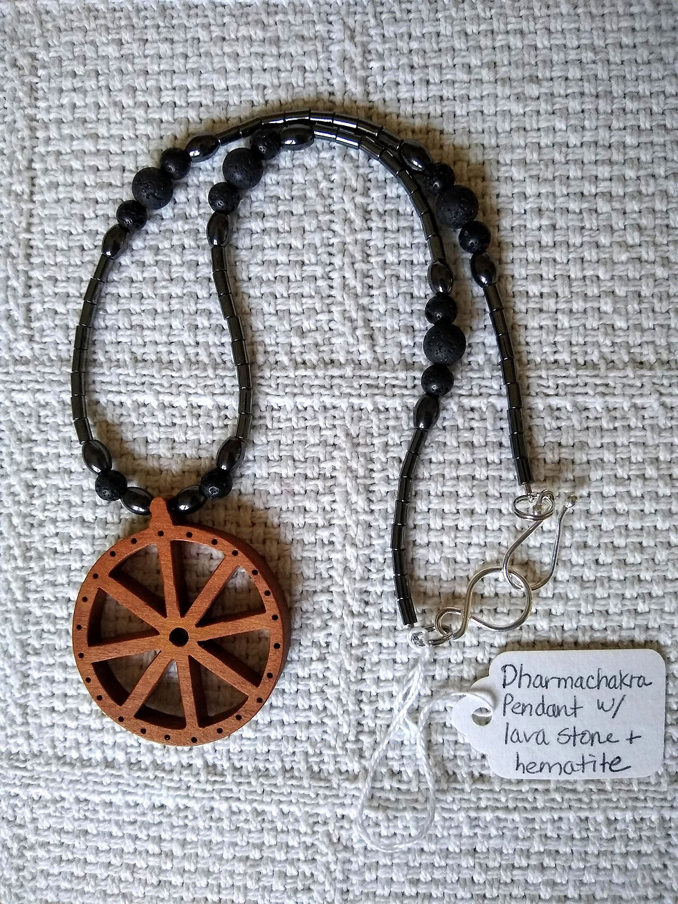 Thumbnail: Dharmachakra Solid Maple Wood Pendant on Hematite + Lavastone Necklace Earrings