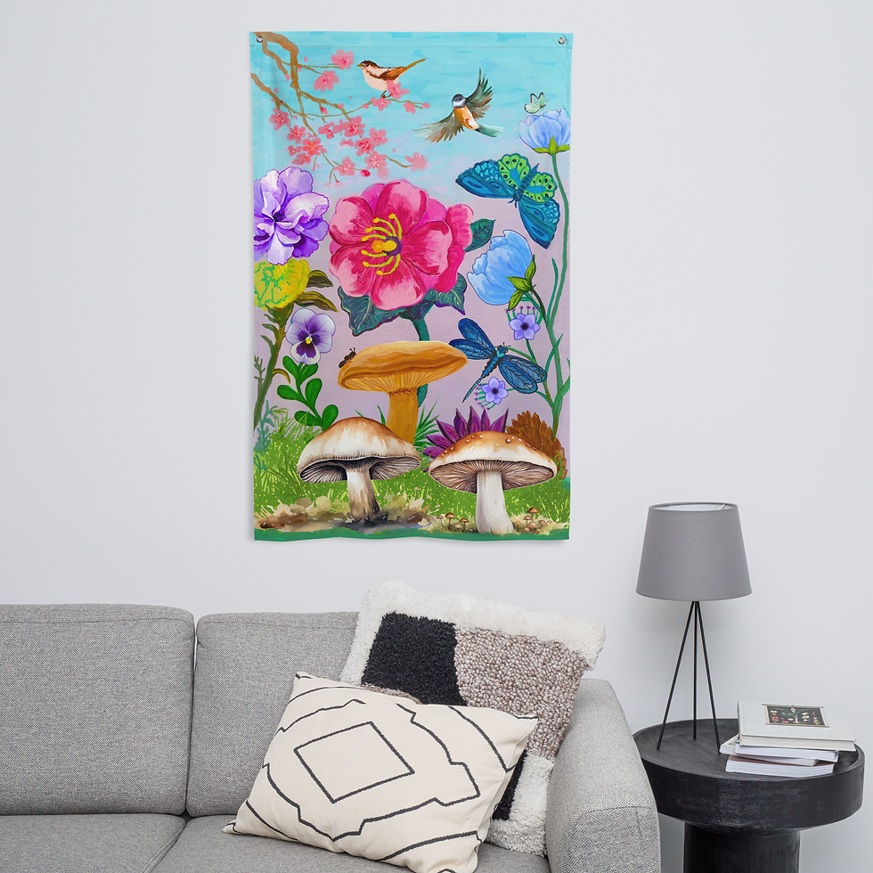 Thumbnail: garden art flag hanging on the wall above a sofa, seating area.