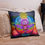 Thumbnail: Magic Mushroom designer pillow, red mushroom, blue moon,  red clouds, a golden sun, and purple details.