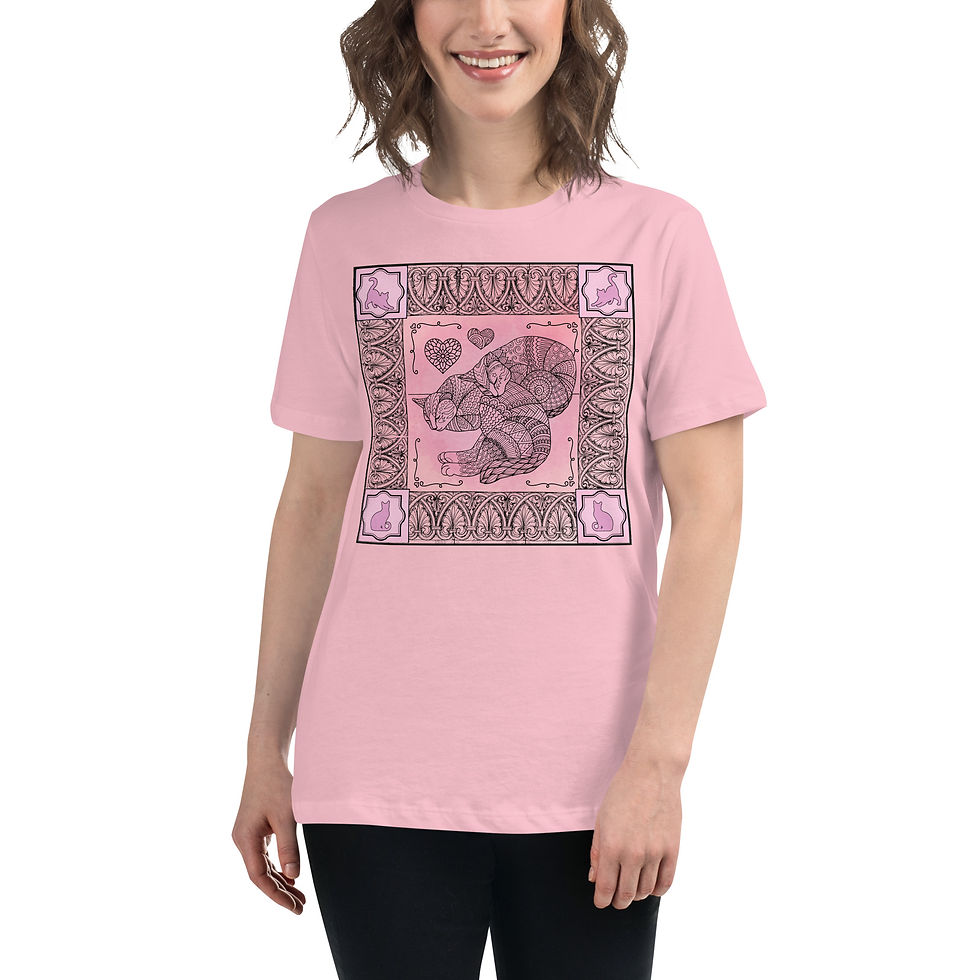 Thumbnail: front view, Womens Pink Tshirt, cat companions design, cuddling cats. Detailed square frame.