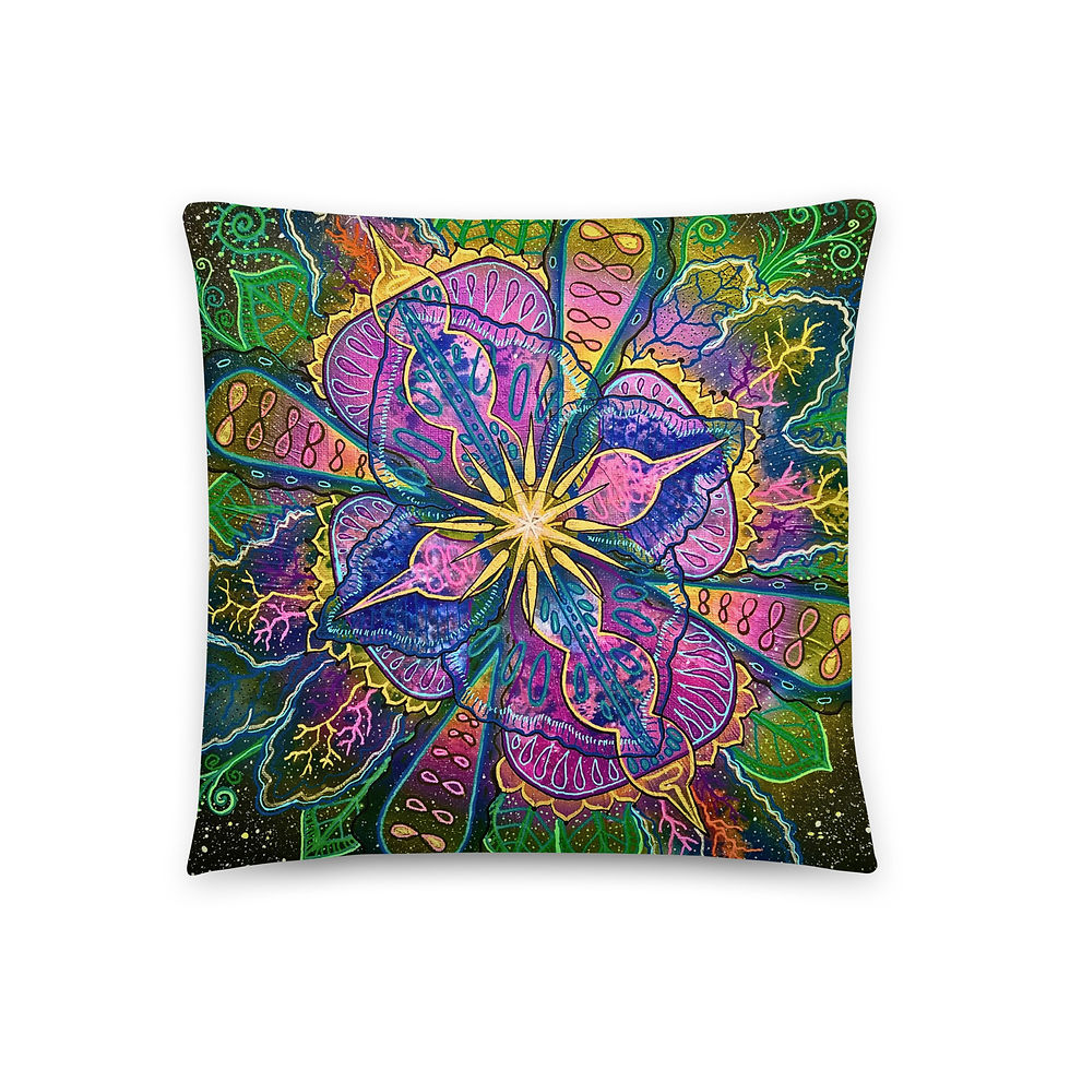 Galactic Bloom Pillow, designer pillow, metaphysical galaxy in bloom, in starlit colors.