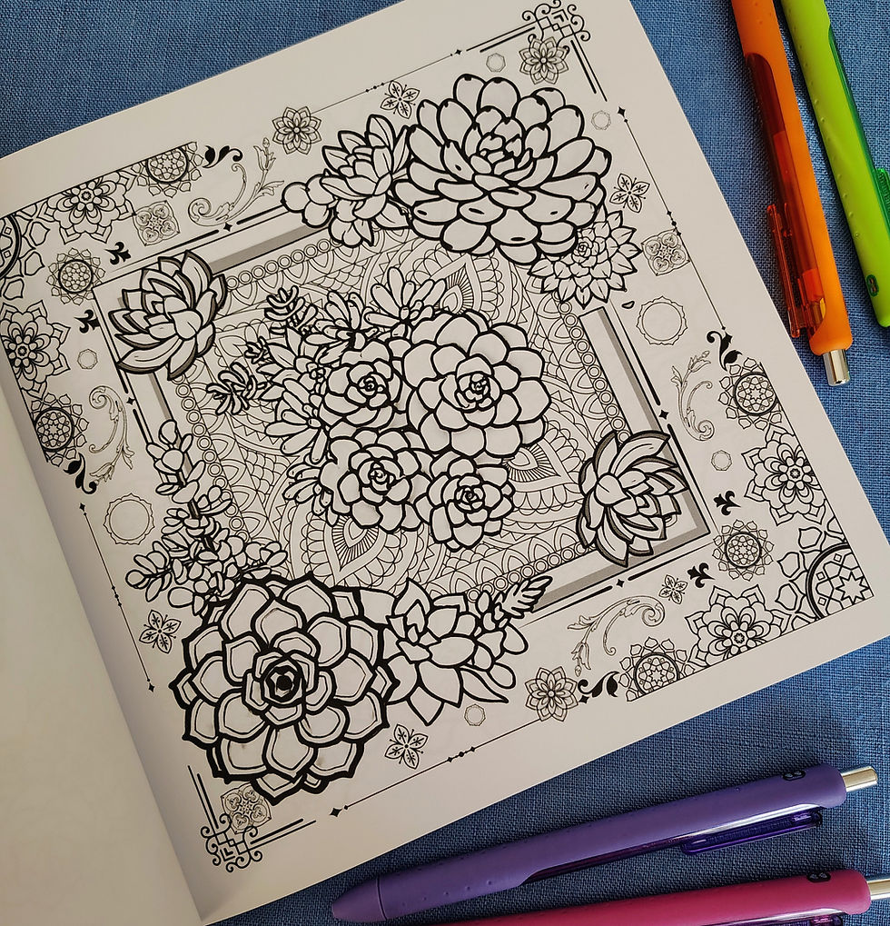 Thumbnail: coloring page, mandala pattern, succulents garden.  no color.