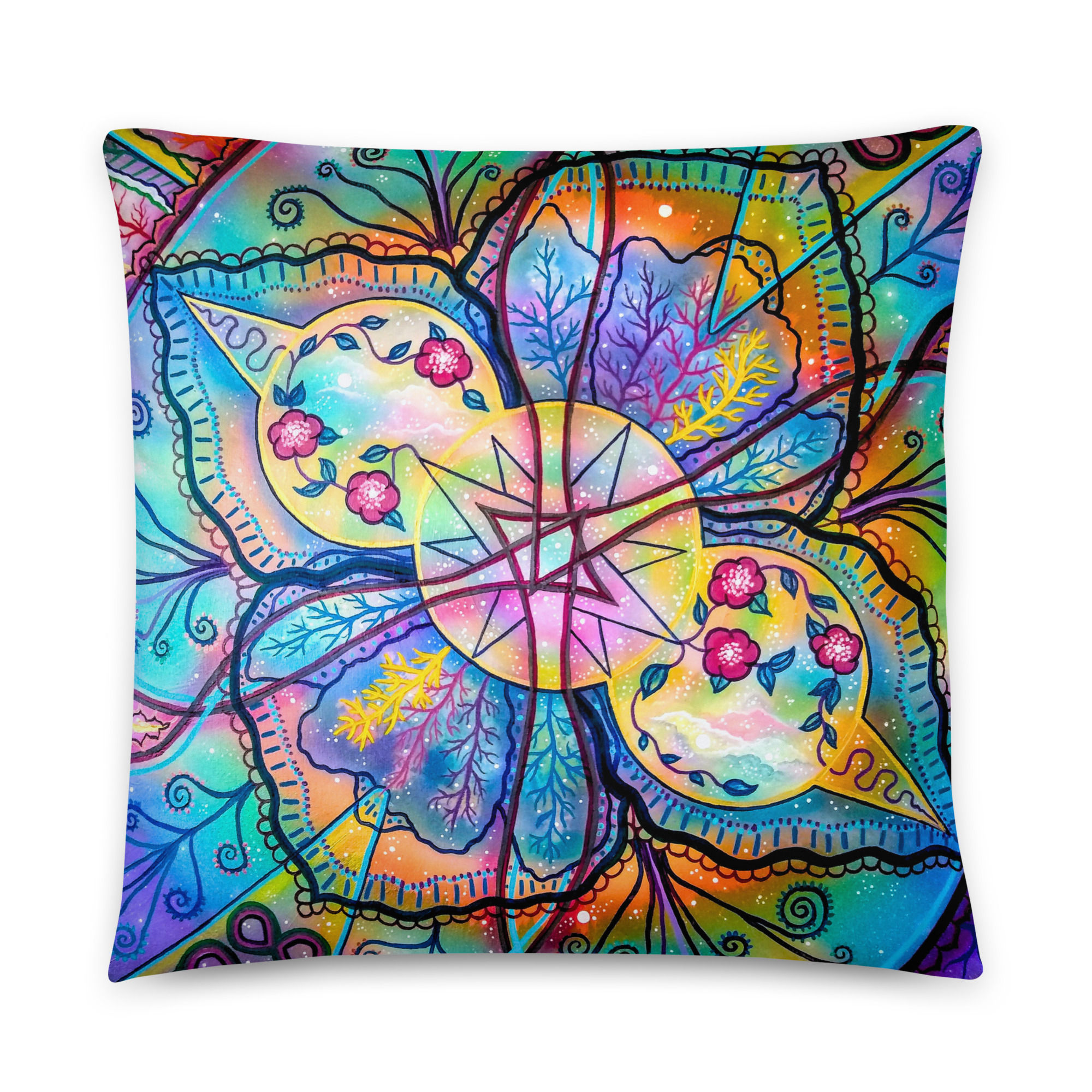 Starflower Fusion designer pillow, metaphysical theme, symbolic fusion birth of a star, colorful galaxy.