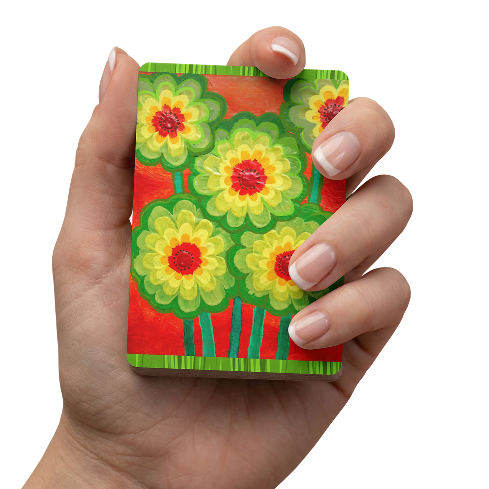 Art playing cards deck, abstract lollipop mum flowers in red, yellow, green, and orange.