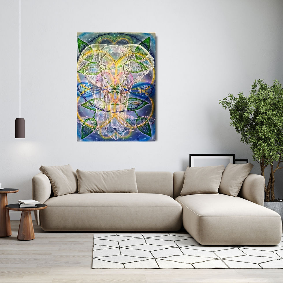 Thumbnail: The wispy white ancestral spirit of a white elephant overlays a pastel glaaxy of pinks, blues, and golds, green leaves, vines