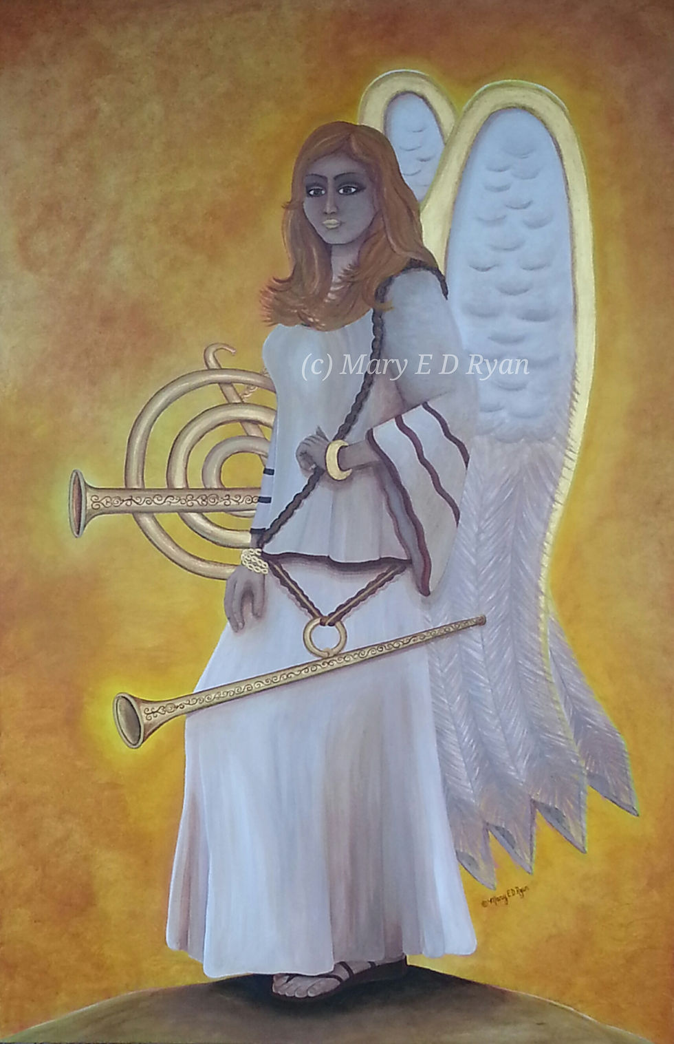 Ginger haired Archangel Gabrielle, muslin dress, two golden horns, golden background.