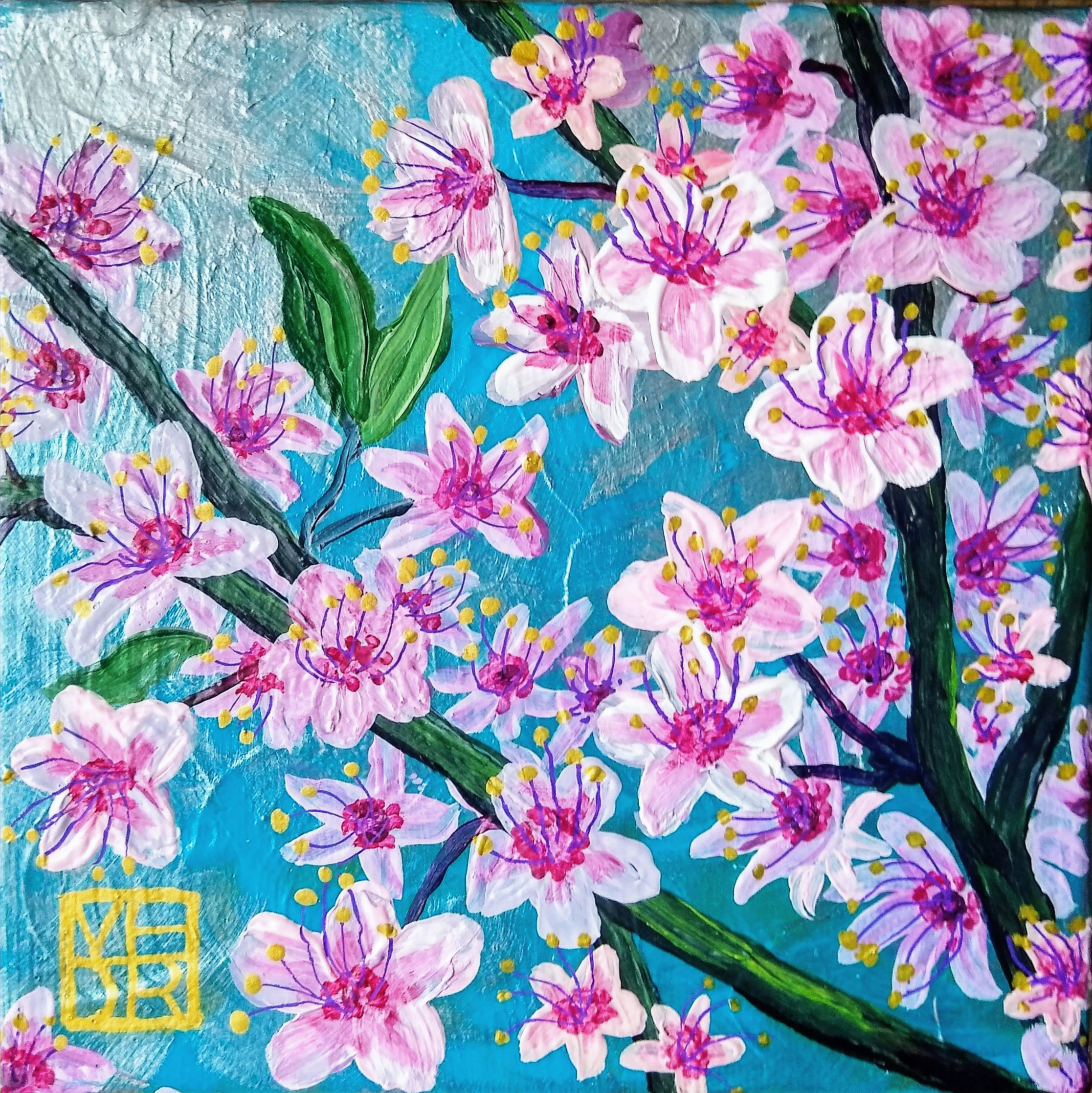 Painting of pink dogwood flowers on brown stems, turquoise background. Acrylics on canvas.