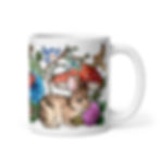 white mug, art design, mushroom, rabbit, bird, dragonfly, clover