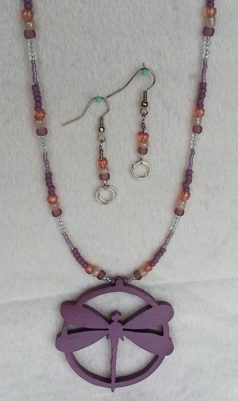 Thumbnail: Hand Cut Stained Colorful Wood Circle DragonflyBeaded Necklace + Earrings Sets