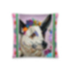 18 by 18 inch pillow, white dog with black ears, colorful flowers on head, art pillow .