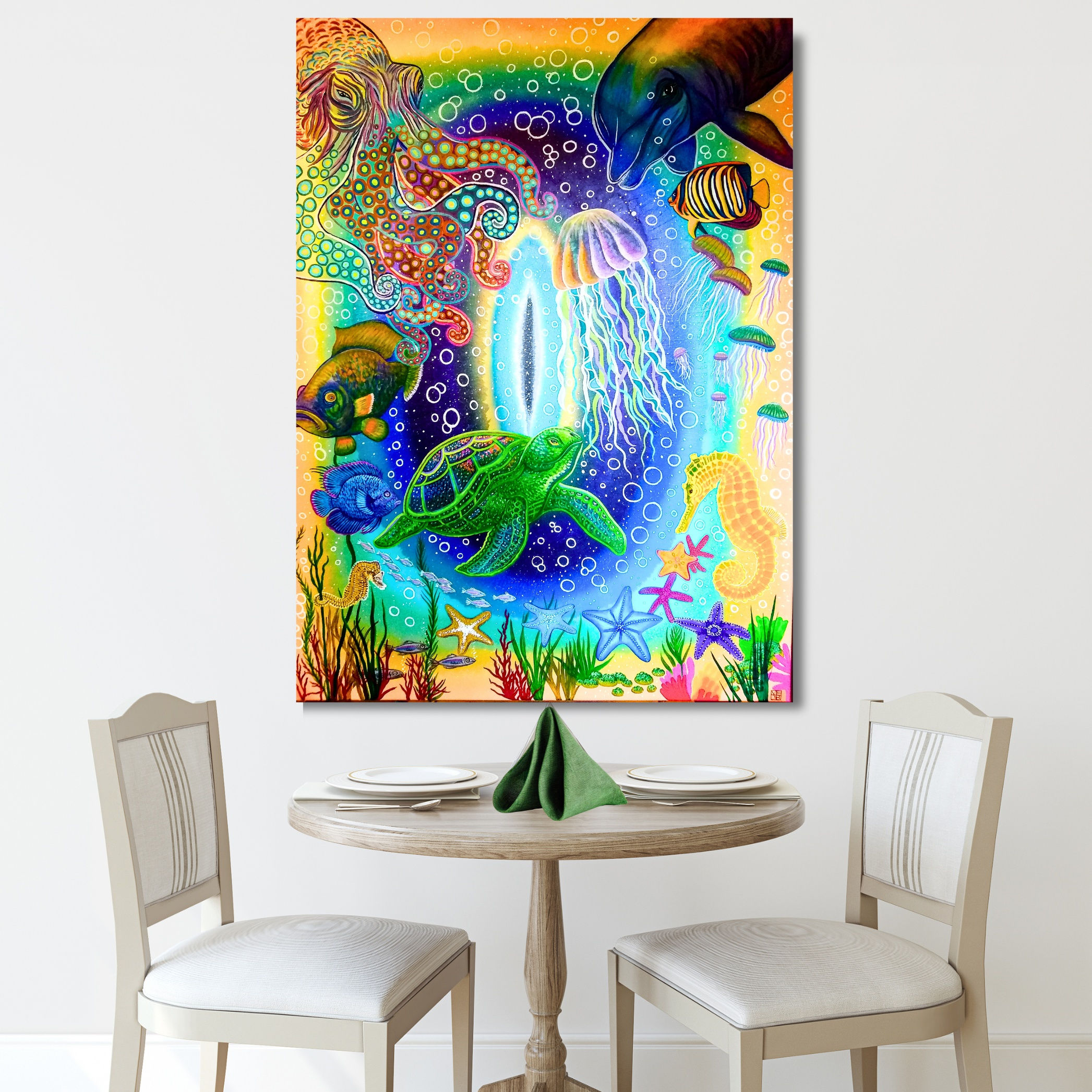 Mulitcolored galaxy portal dimensions with colorful ocean creatures and plants