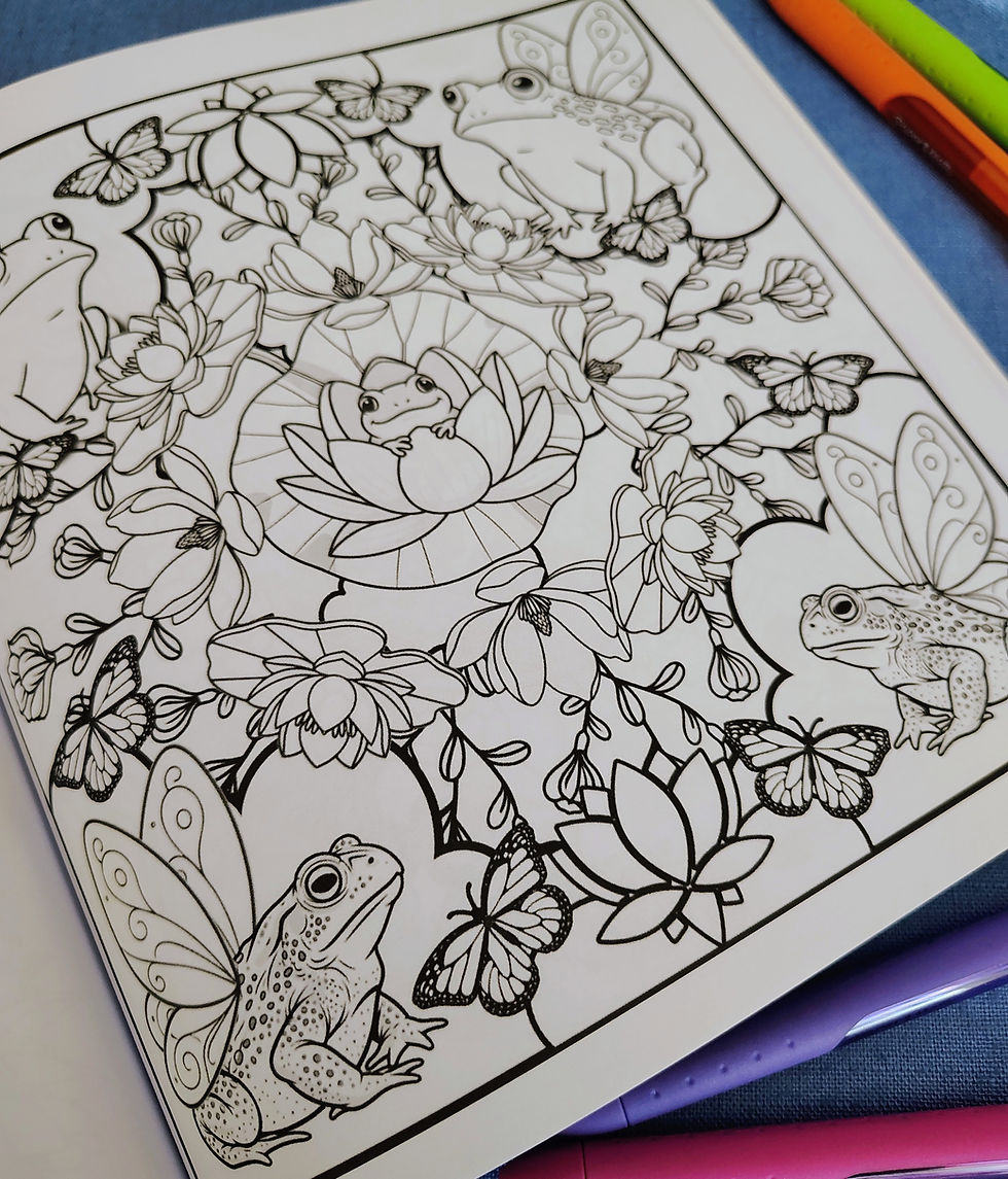 Thumbnail: coloring page, fairy frog and lily pond, mandala pattern.  no color.