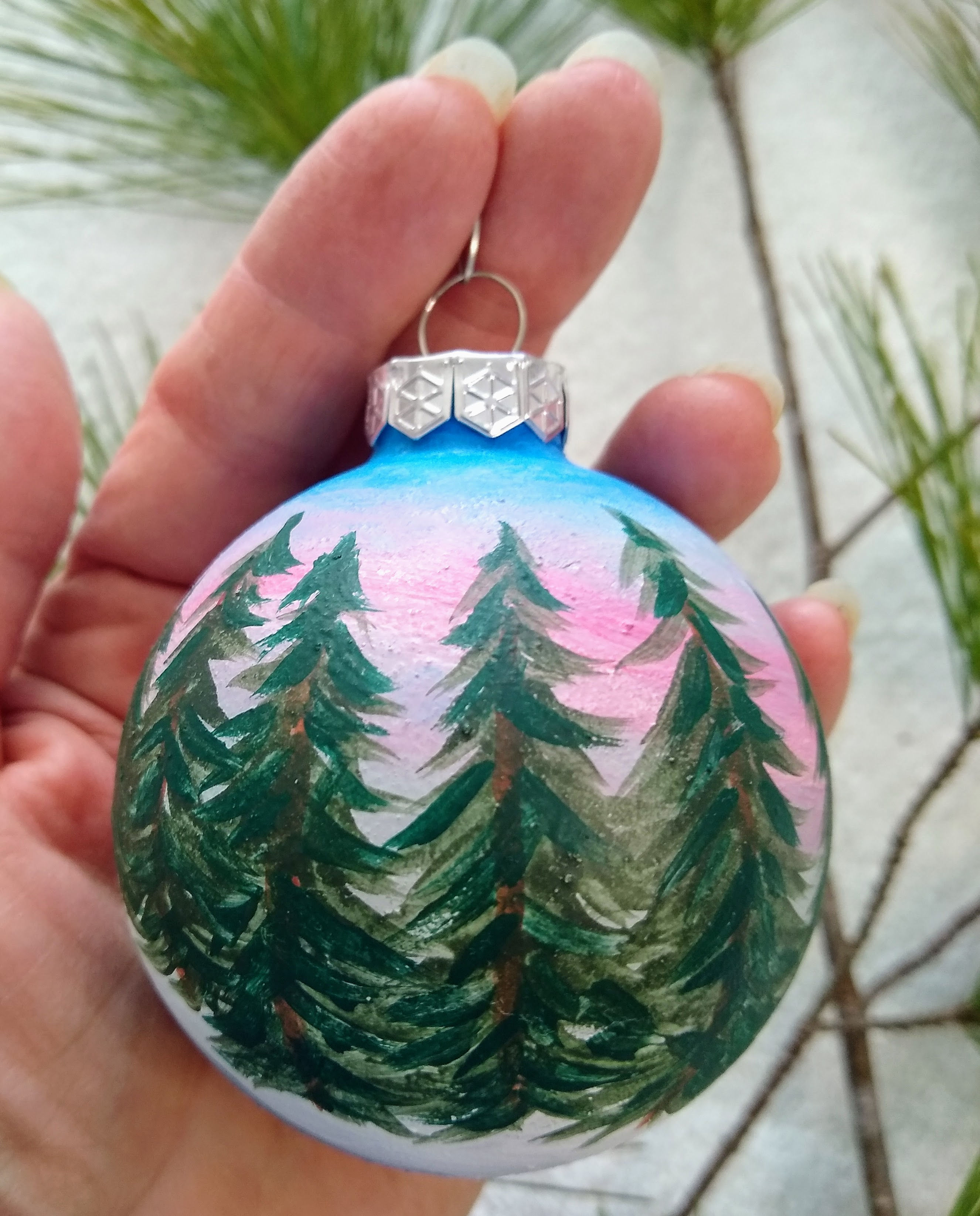 Glass Ornament Hand Painted Winter Pink Pine Road