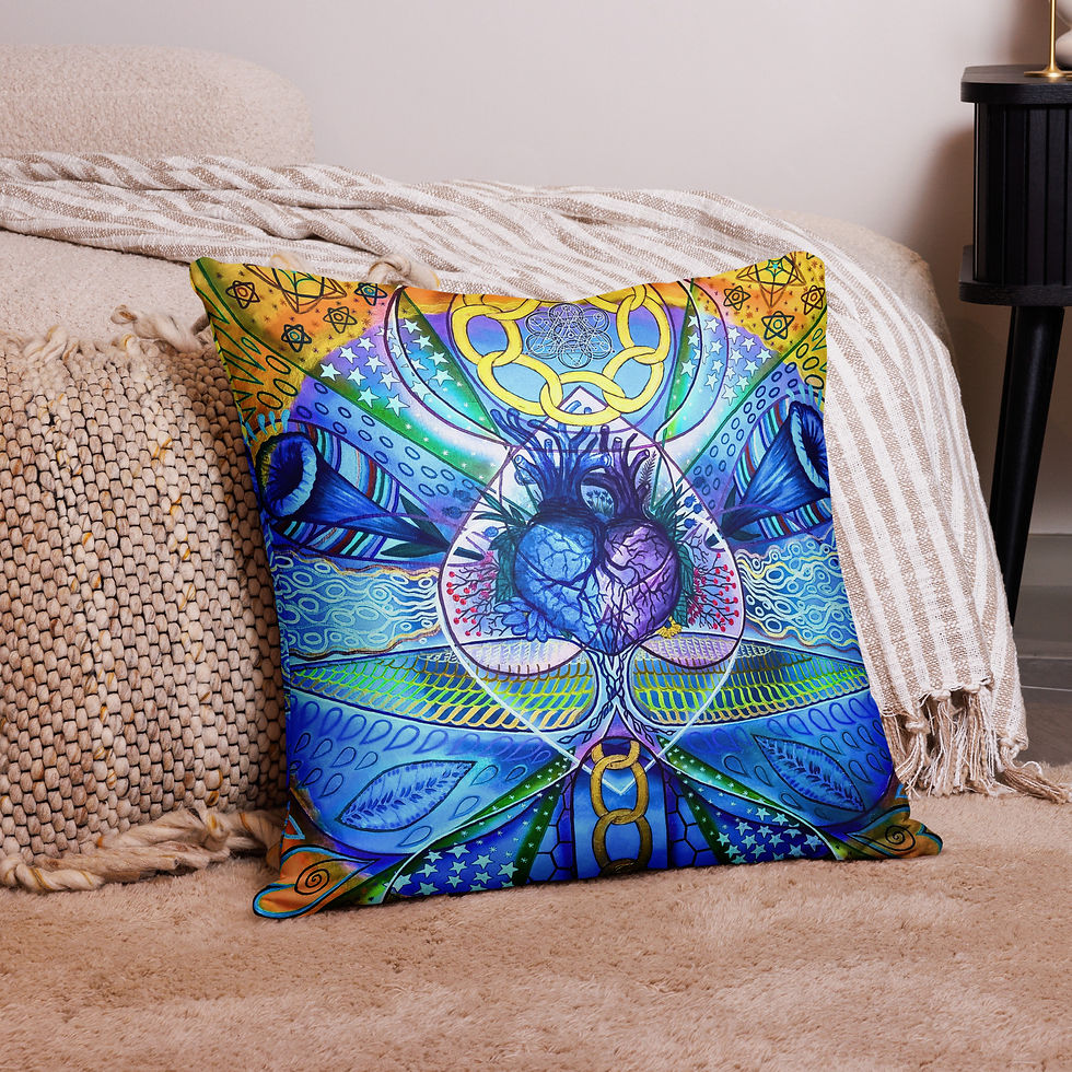 Thumbnail: Heart of Hearts Pillow Cover and Insert, blue layered and repeating heart design in blues on golds, designer pillow. Large si