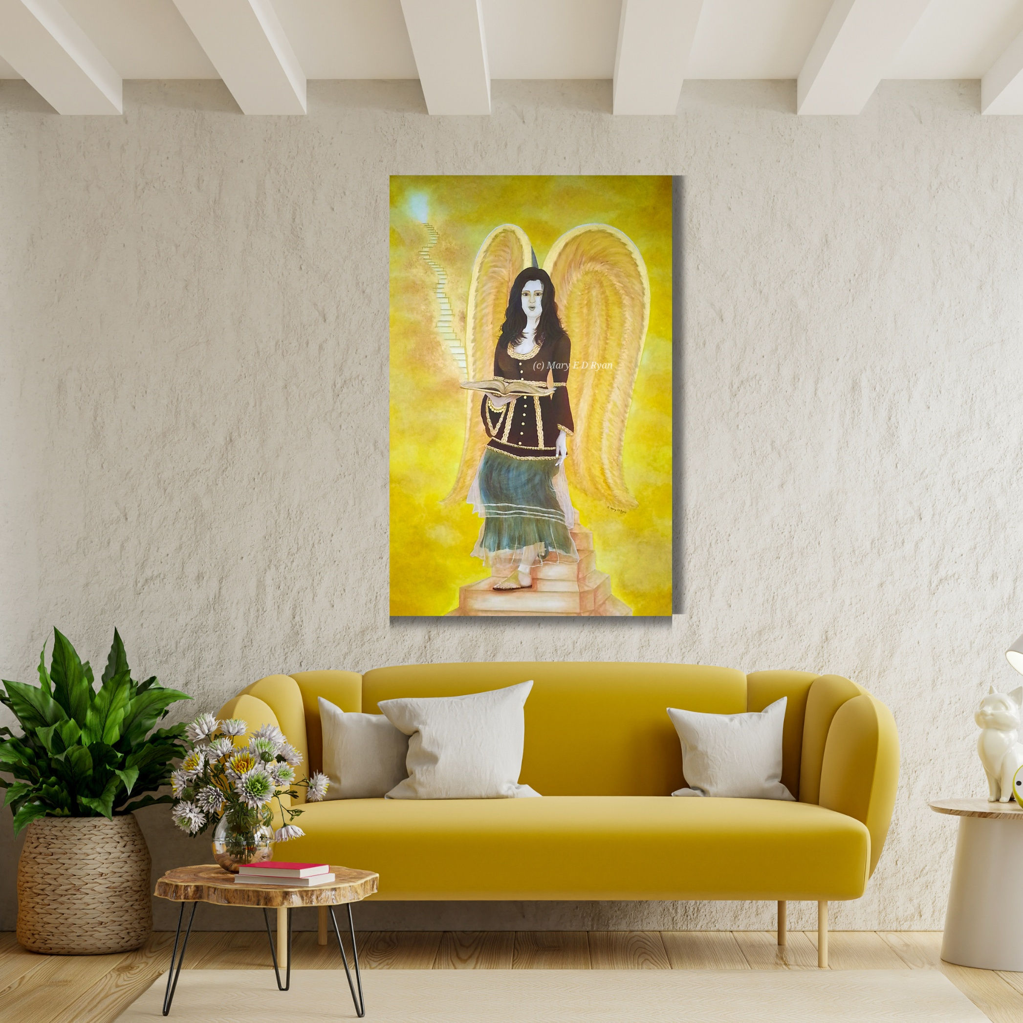 Brown haired Archangel Muriel holding a book and singing, golden wings, brown dress, gold details. golden stairway .