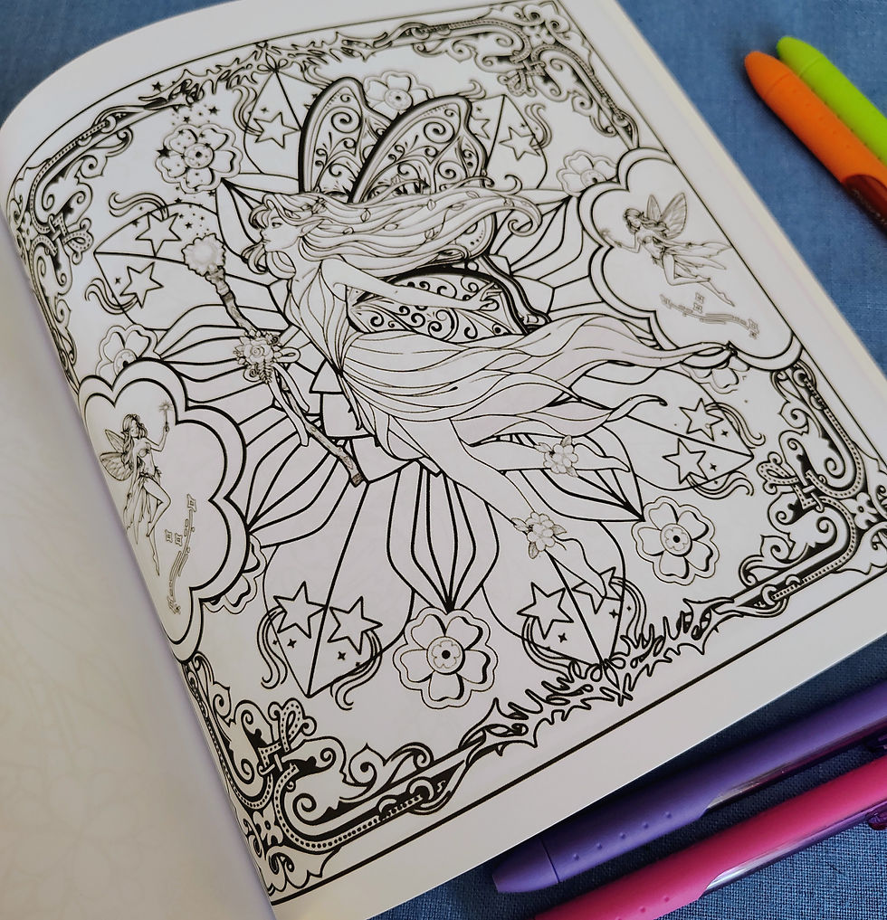Thumbnail: coloring page, fairy sprite mandala design, small fairies, large wand..  no color.
