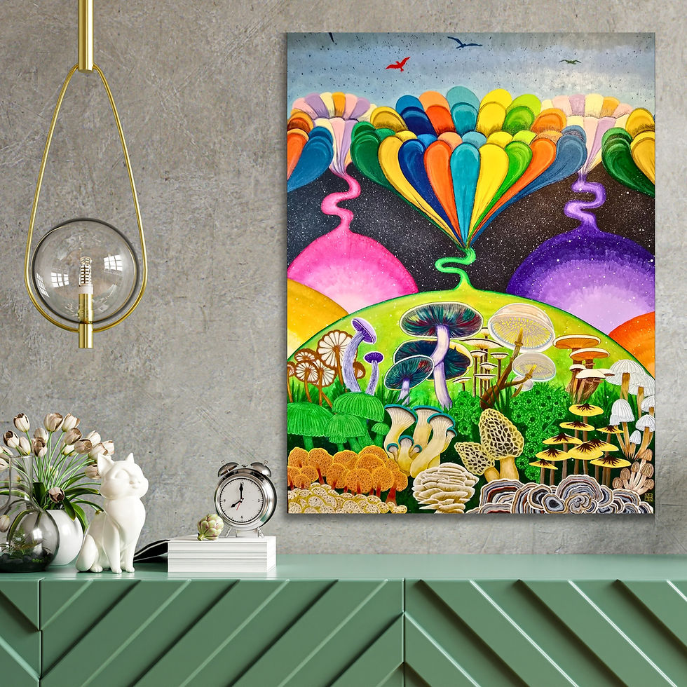 Multicolored portals lead to alternate realities; featured is a colorful dimension of mushrooms and mycology.