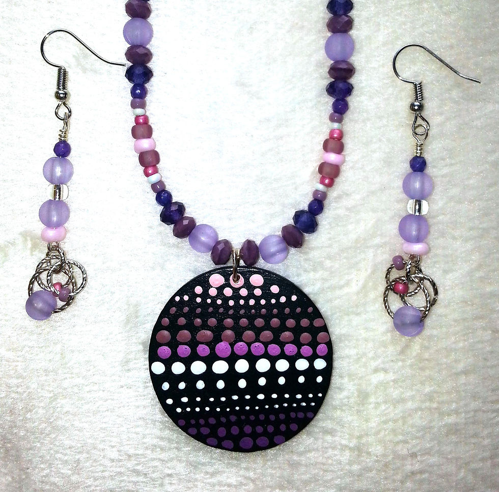Thumbnail: Purple Dot Matrix Art Tile Pendant Beaded Necklace + Earrings Set