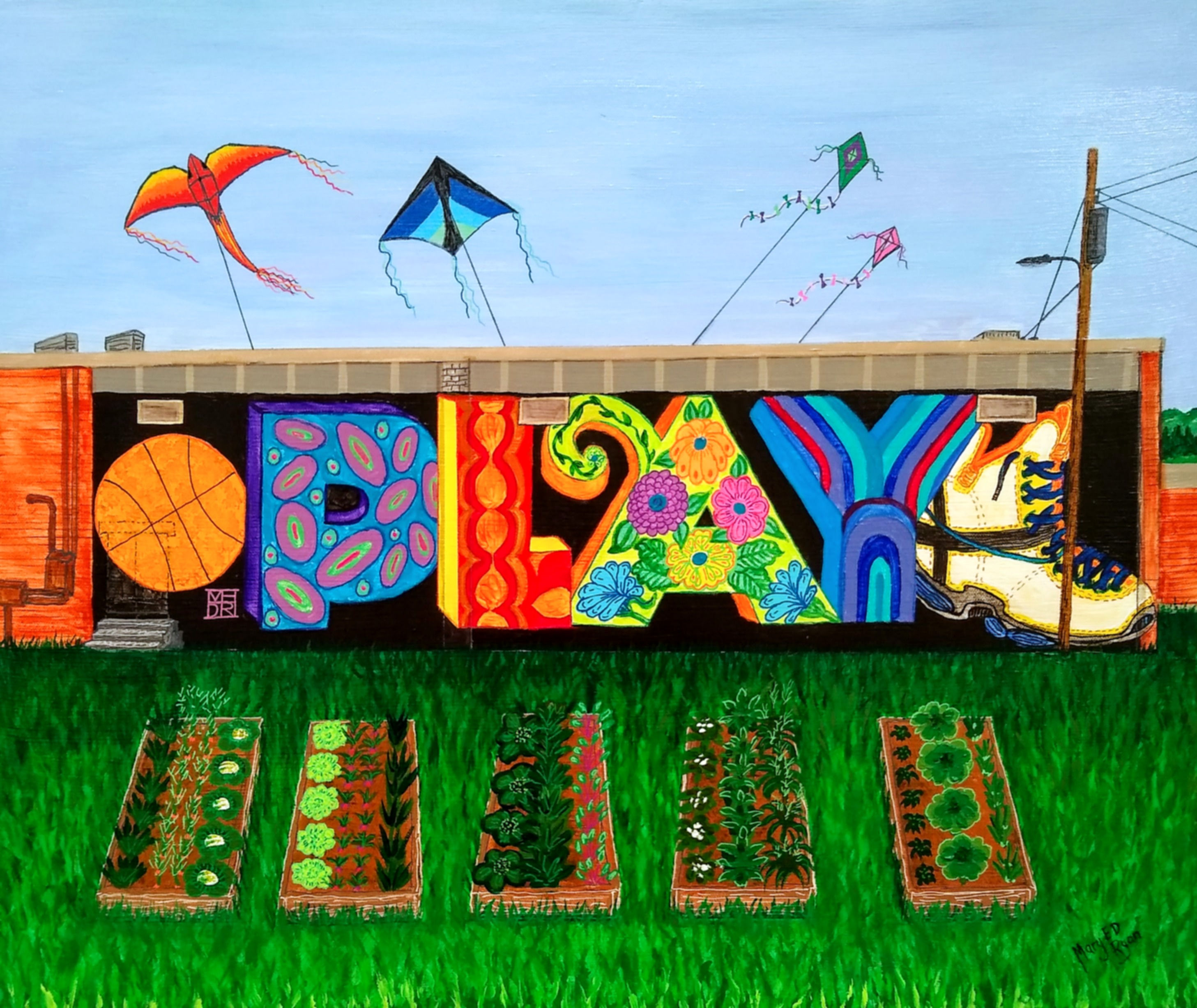 A community Center Buildig with a raised bed vegetable garden, and PLAY theme mural on the wall, and kites flying in the air.