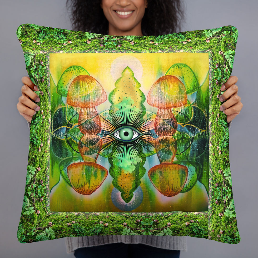 Thumbnail: Forest Floor designer pillow, gold and green metaphysical design, green eye, mushrooms, symbolic "as above, so below."