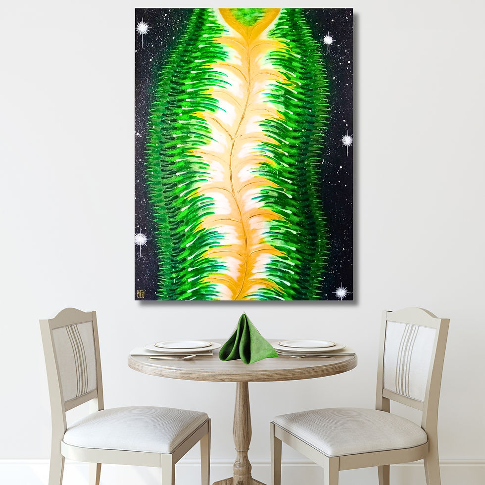 a dark starry night sky , a lightbody in green, gold, and silver floats among the stars.