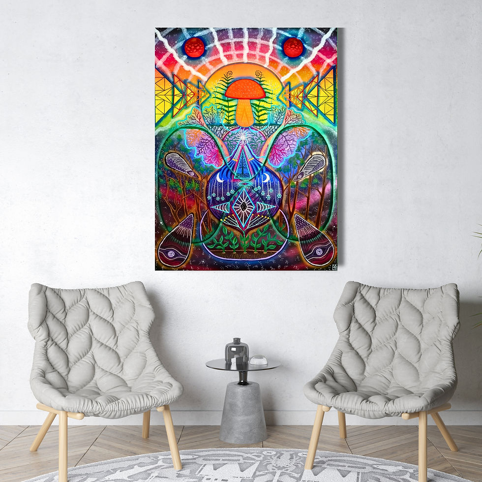 A dark galaxy with a golden sunrise, a red mushroom, trees, botanical symbols, energy waves of white light.