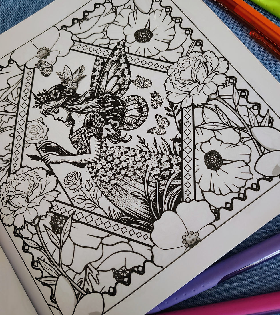 Thumbnail: coloring page, flower fairy, floral dress, floral crown, diamond flower frame..  no color.