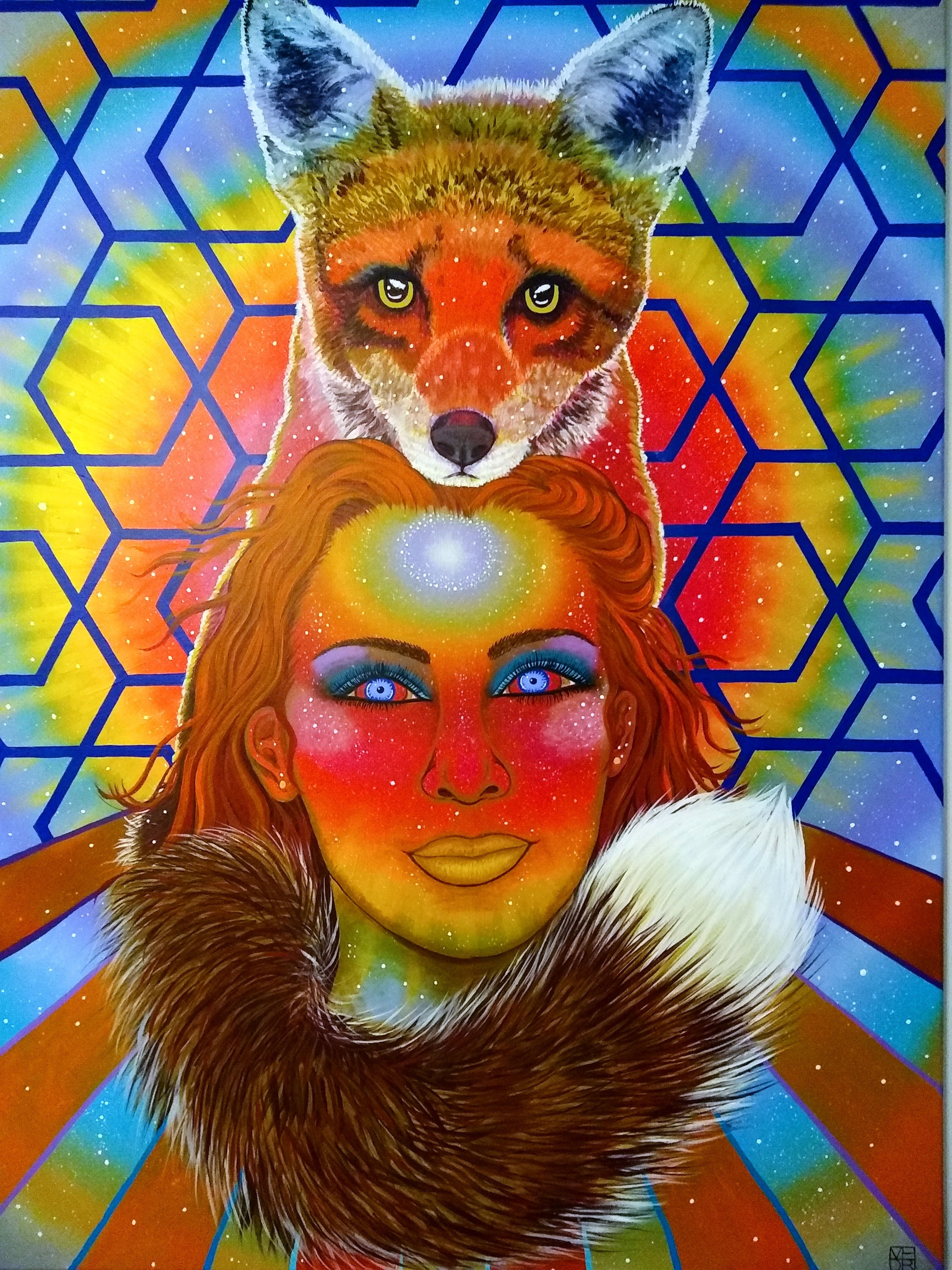 Fox/woman/shapeshifter/etheric being, red hair, blue eyes, colorful geometrtic background, starlit galaxy, radiant warm color