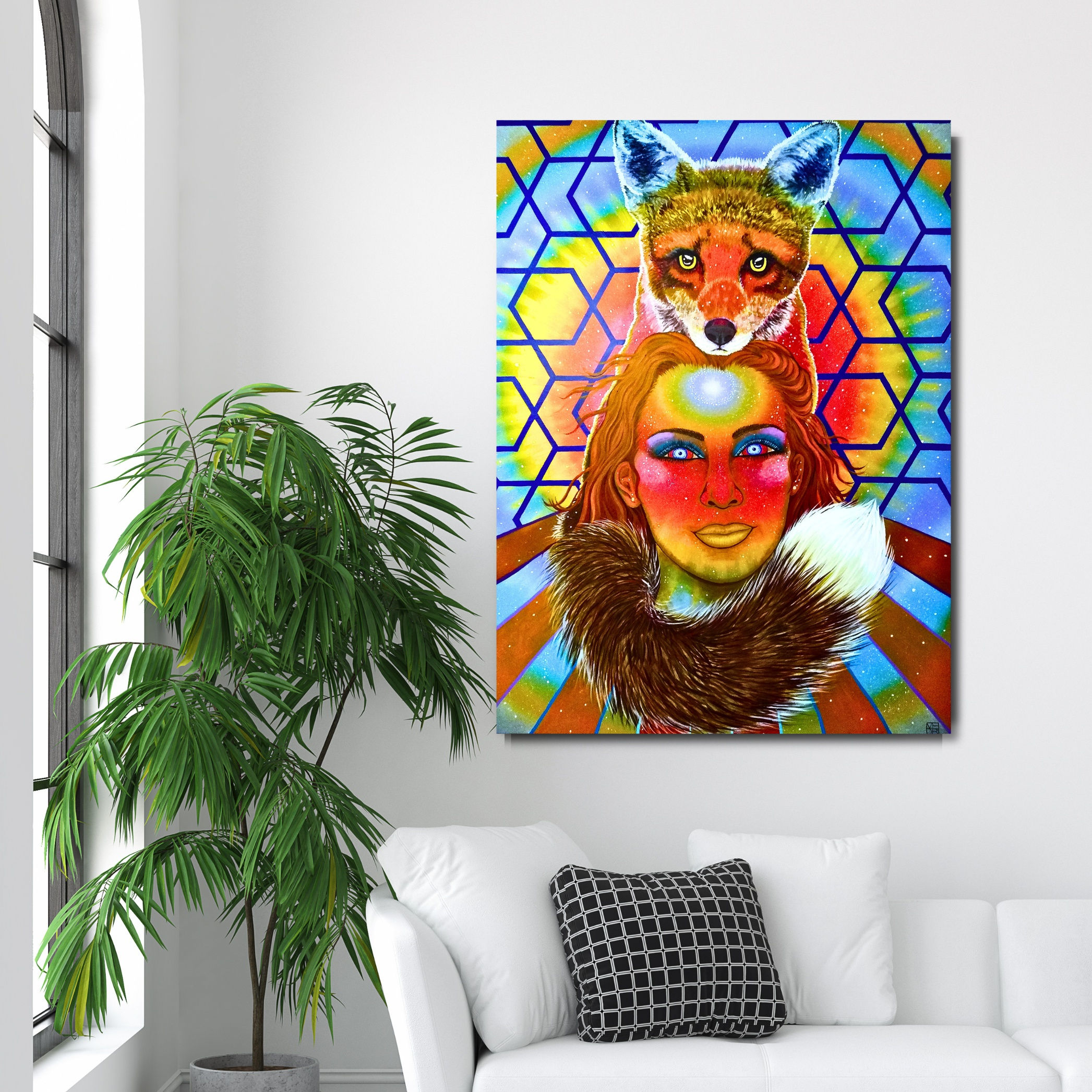 Fox/woman/shapeshifter/etheric being, red hair, blue eyes, colorful geometrtic background, starlit galaxy, radiant warm color