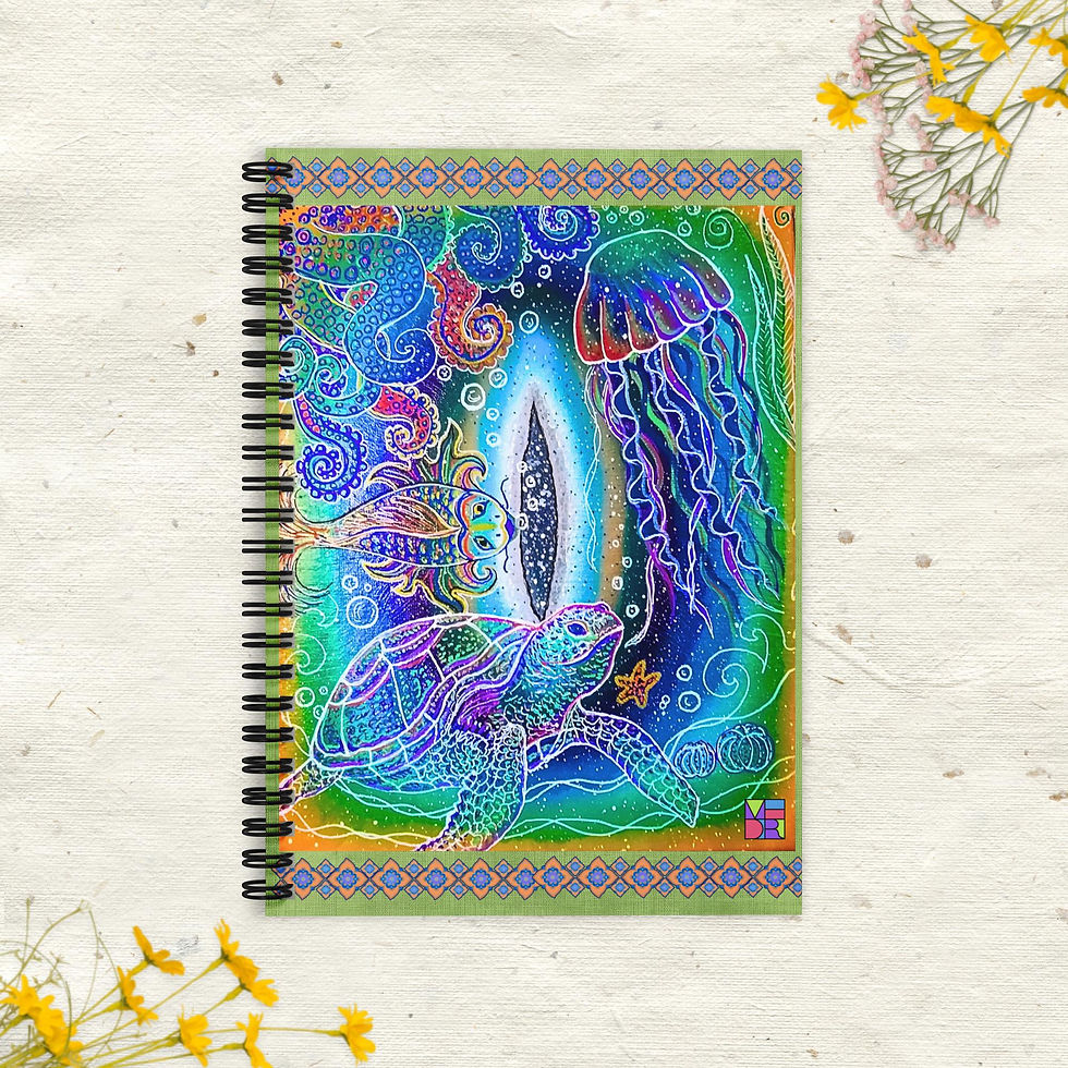 Cosmic Cove Art Notebook cover art, spiral bound, ocean scene with sea creatures and a cosmic portal.