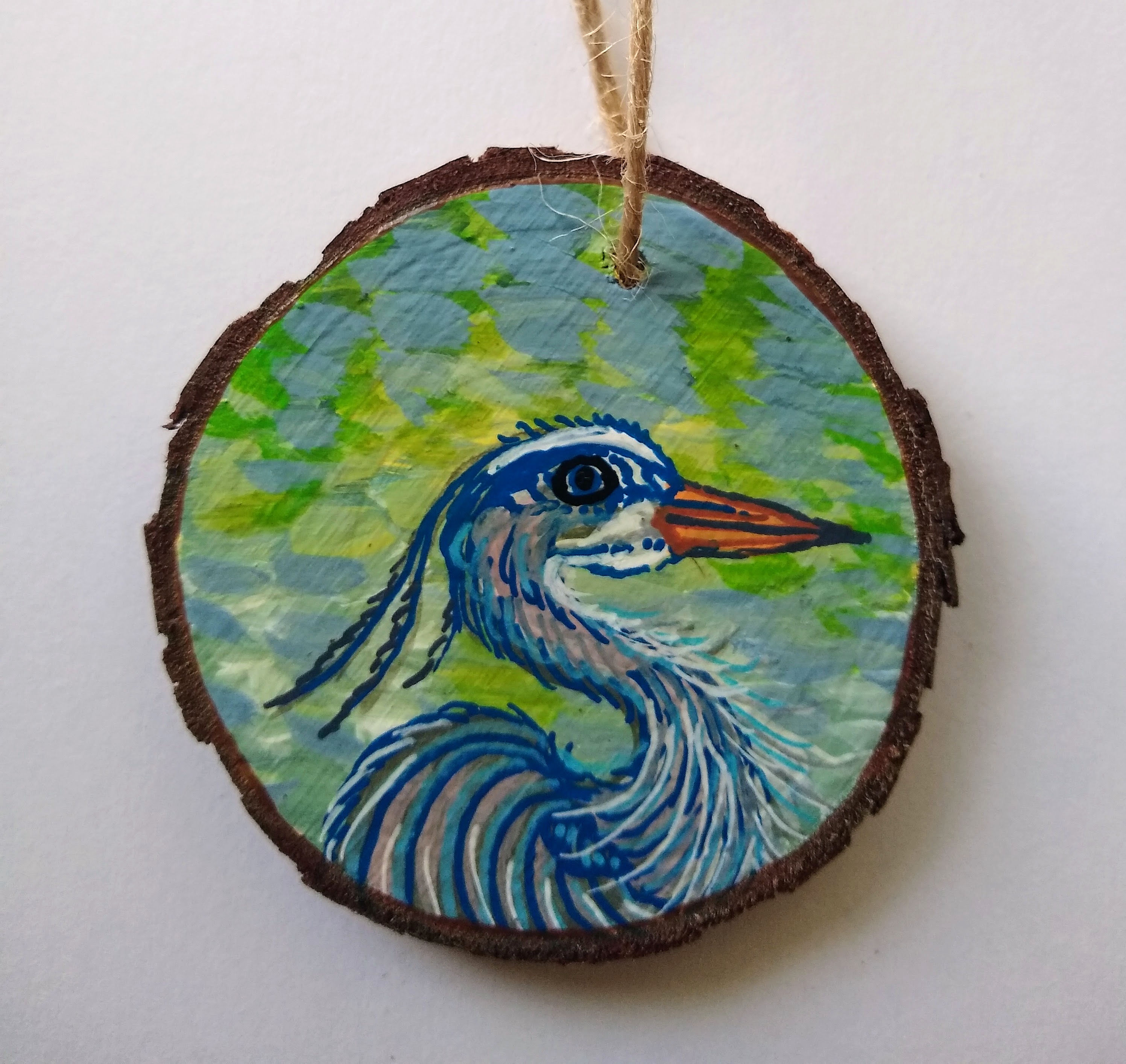 Wood Slice Ornament Hand Painted Bird Blue Heron
