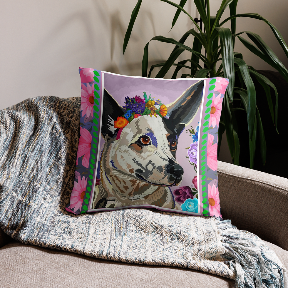Thumbnail: 22 by 22 inch pillow, white dog with black ears, colorful flowers on head, art pillow  on sofa