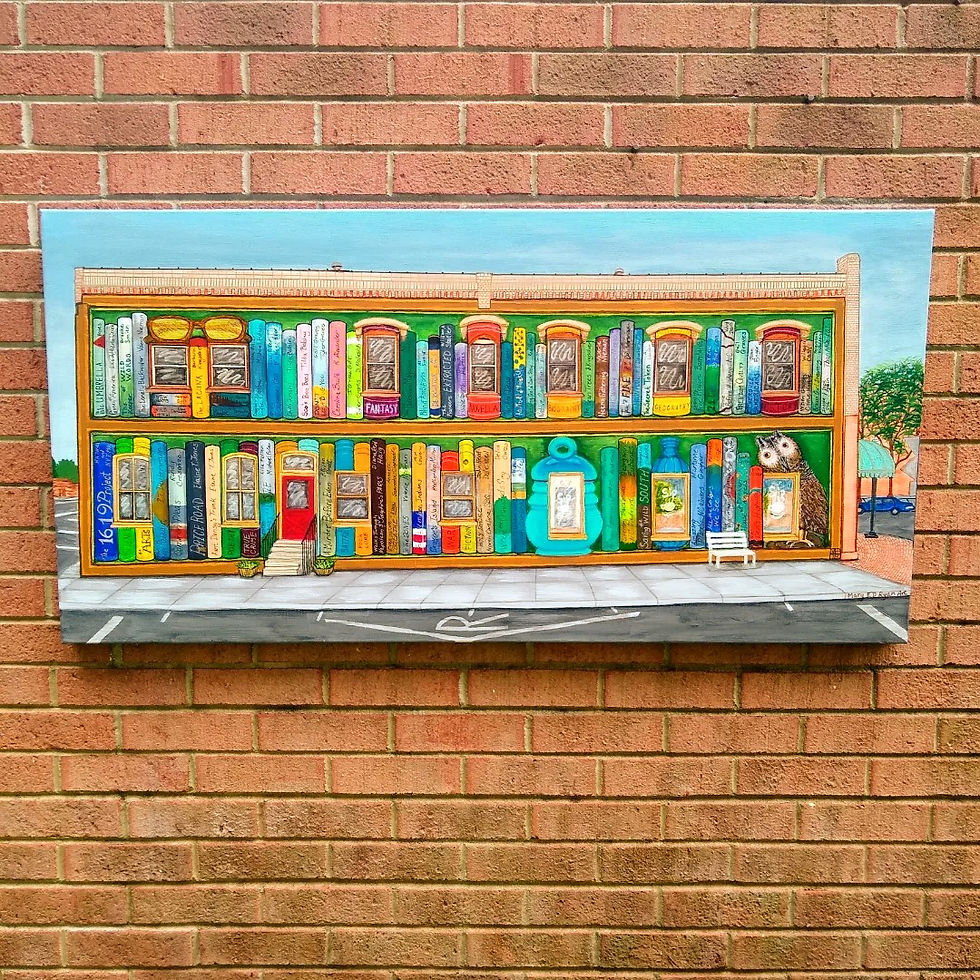 A painting of a building with a book shelf mural painted on it's side wall, very colorful, diverse book collection.