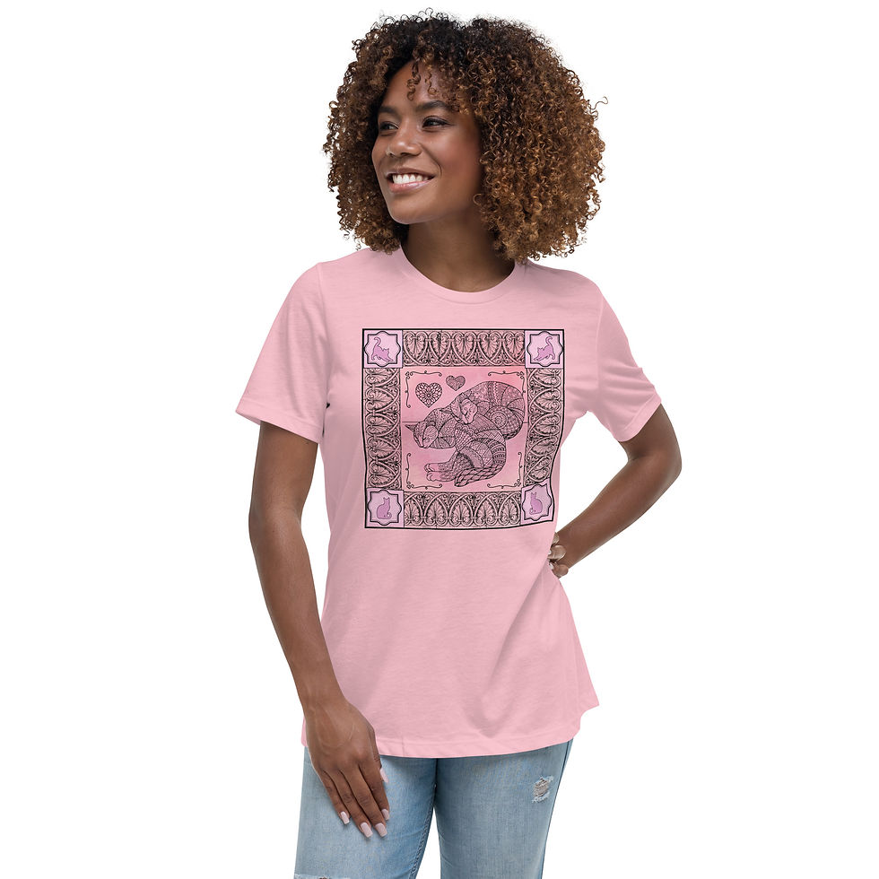 Thumbnail: front view, Womens Pink Tshirt, cat companions design, cuddling cats. Detailed square frame.