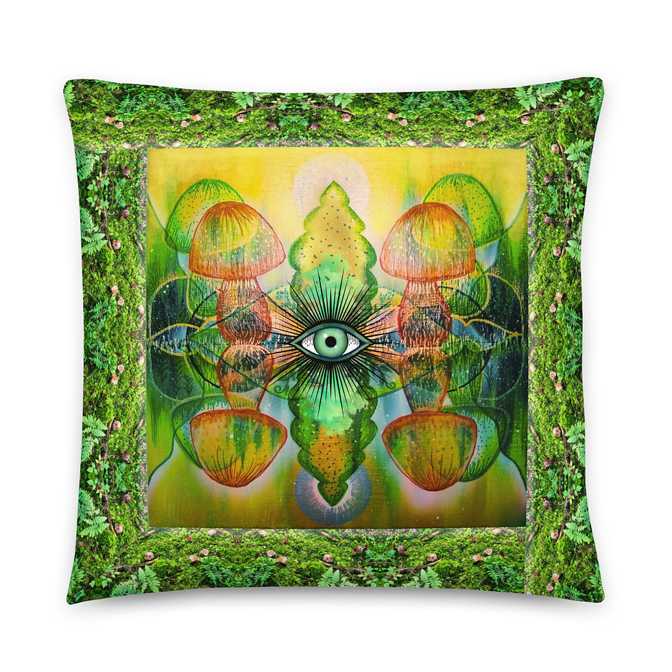 Thumbnail: Forest Floor designer pillow, gold and green metaphysical design, green eye, mushrooms, symbolic "as above, so below."