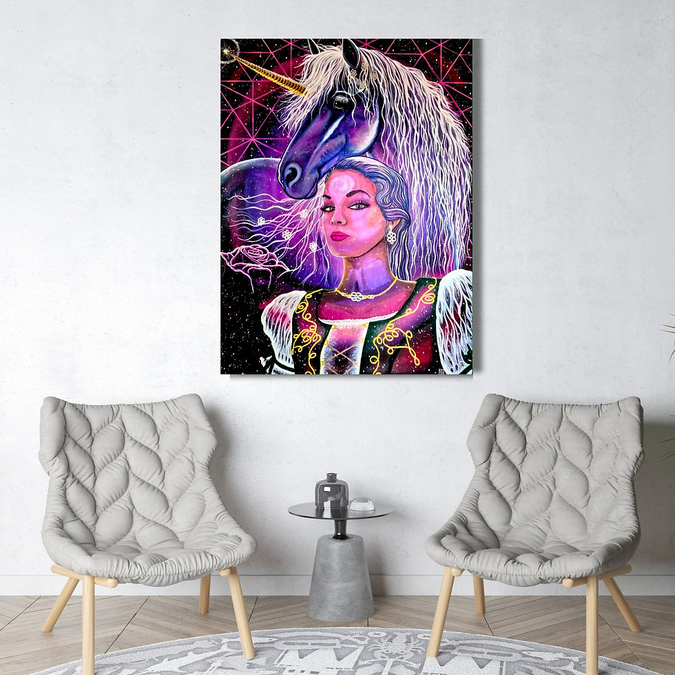 Thumbnail: Purple unicorn, etheric being/shapeshifter/woman, purple rose, pink and blue galaxy background.