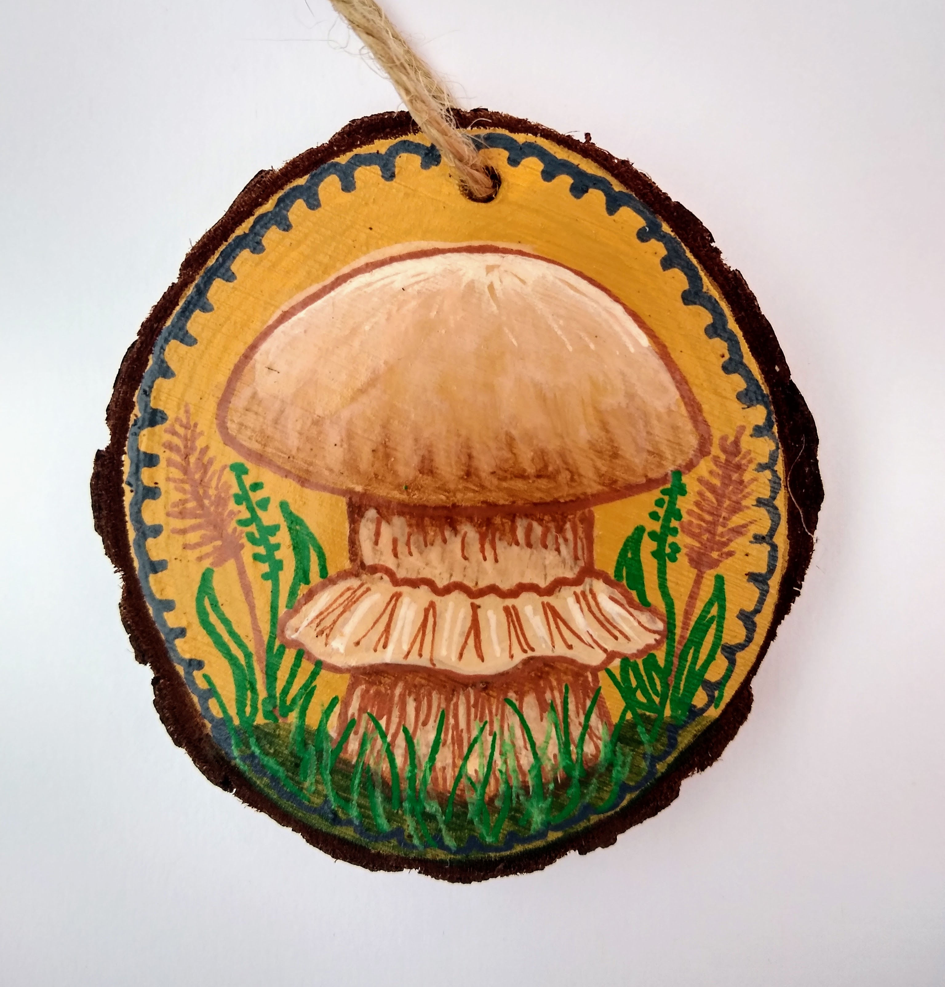 Wood Slice Ornament Hand Painted Woodland Ruffled Mushroom