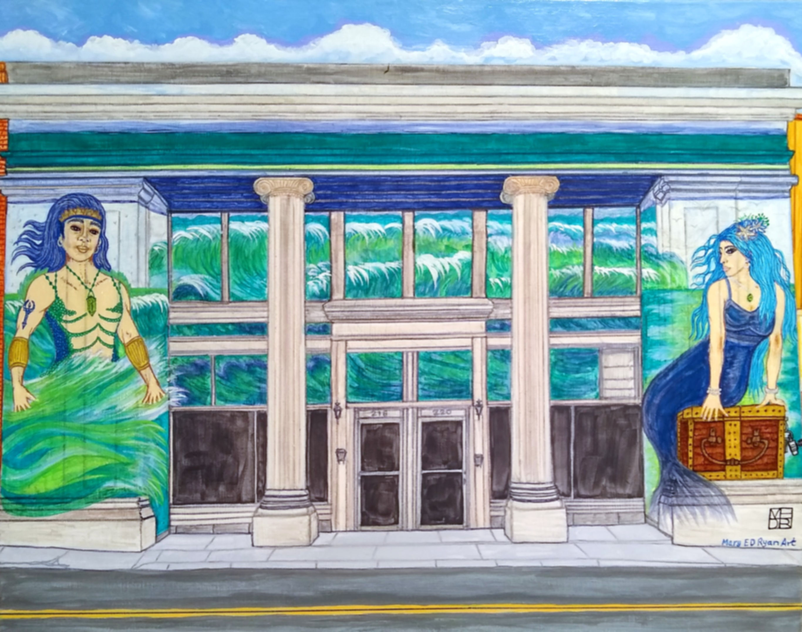 A painting of an old Bank with an ocean mural and Merpeople, blue and green waves, treasure chest.