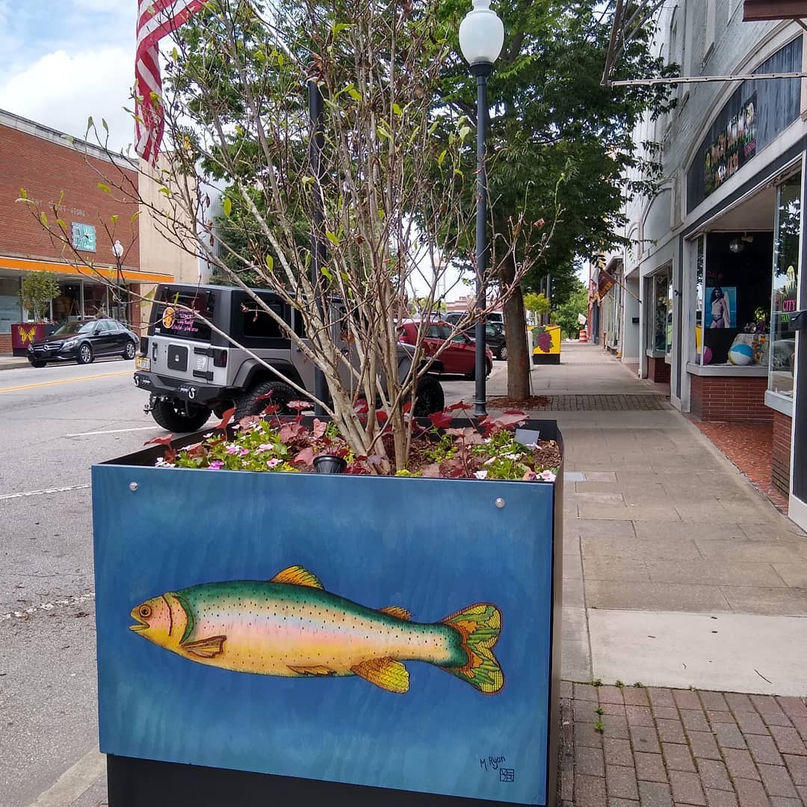 RainbowTrout, stain art, wood panel, Tree Planter Art.
