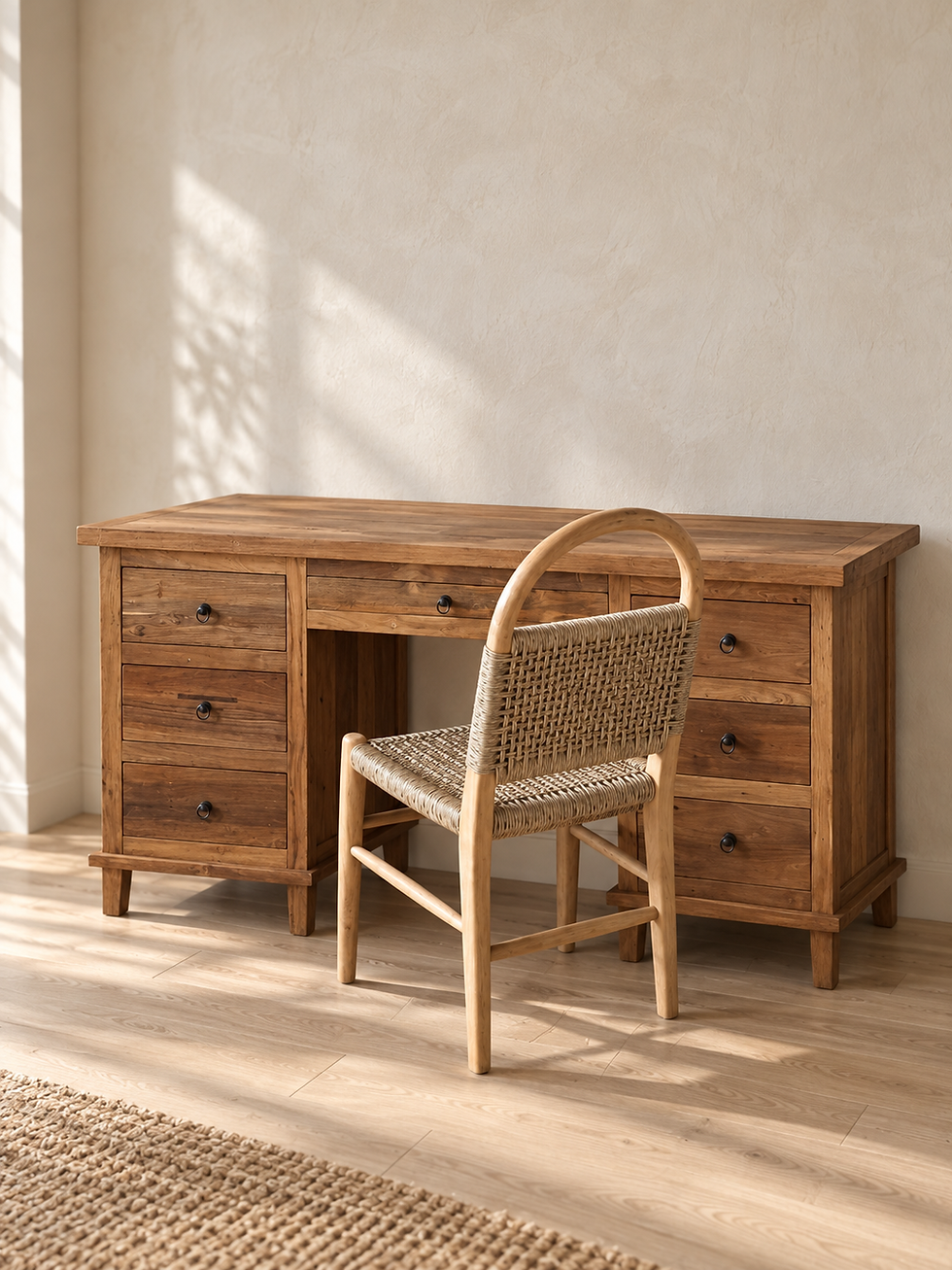 reclaimed teak office desk make up table vanity unit from recycled solid teak wood 7th element Ireland 7 drawers