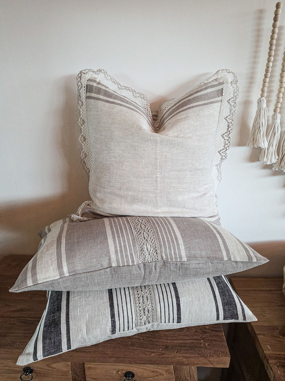 Thumbnail: Grey Natural Linen with linen lace insert Décor Cushion 7th Element Ireland Irish interior design trends farmhouse vibe Dubli