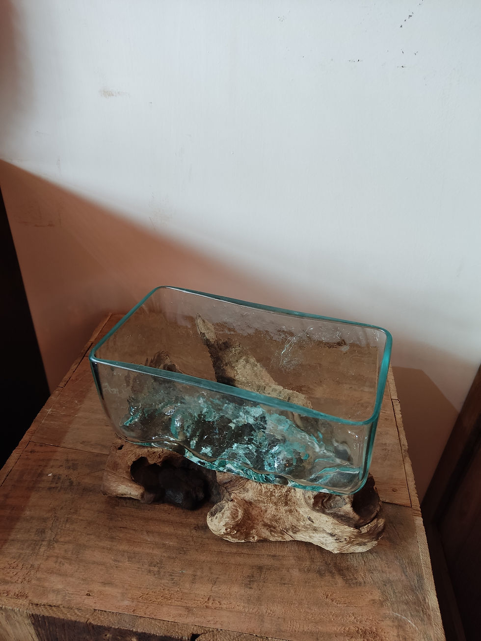Thumbnail:   Square Blown Molten Glass on Wood Root Base Terrarium/Bowl MSG 103