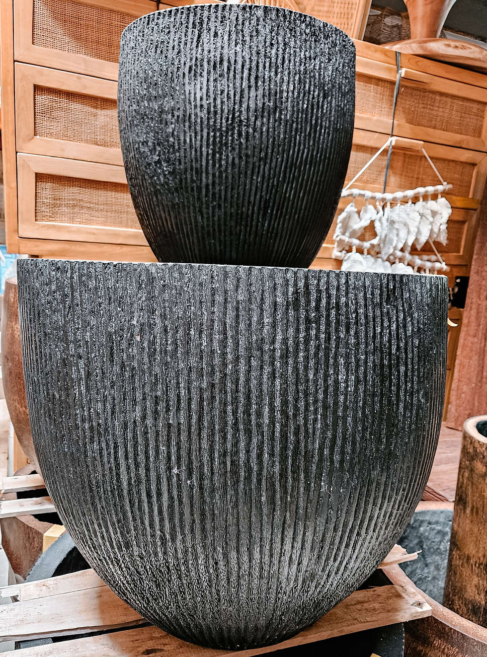 Thumbnail: Coco Palm pot / vase  blackened with lines carvings